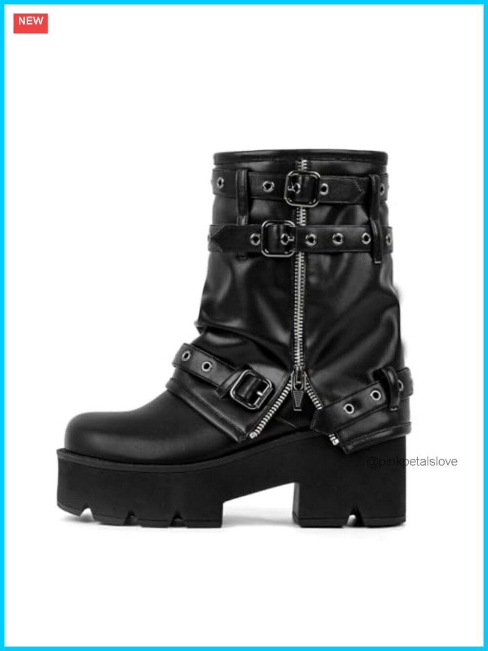 Platform Ankle Boots Punk Block Heel Fold-Over Straps Faux Leather